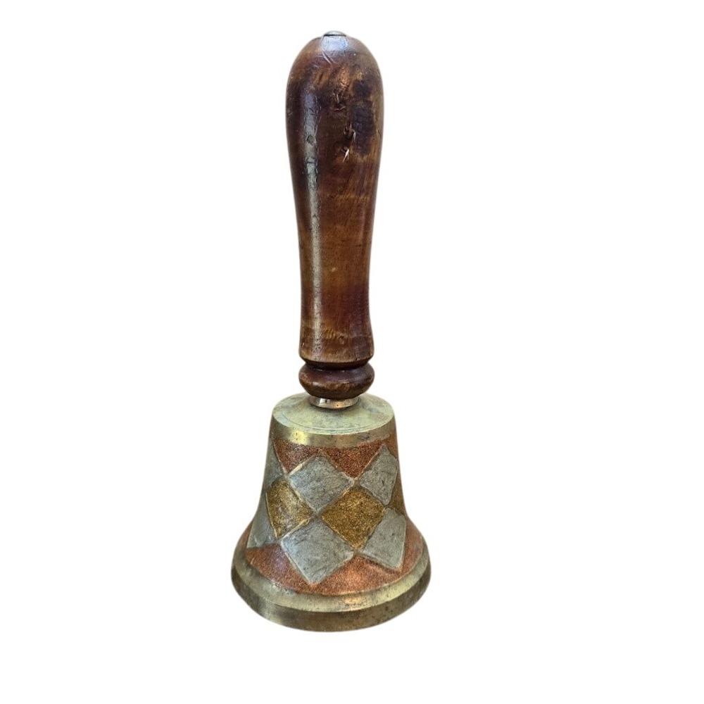 VTG Solid Brass Hand Bell‎ Wood Handle Diamond Pattern Made in India
